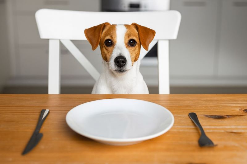 chien qui mange les restes de table
