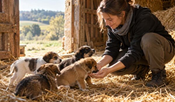 chiots secourus dans une grange