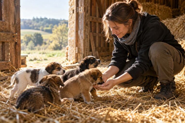 chiots secourus dans une grange