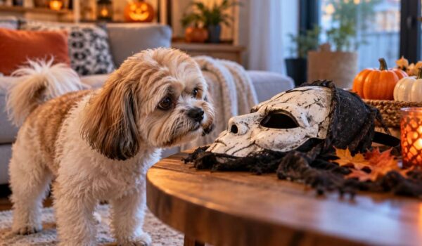 chien qui a peur des déguisements d'halloween