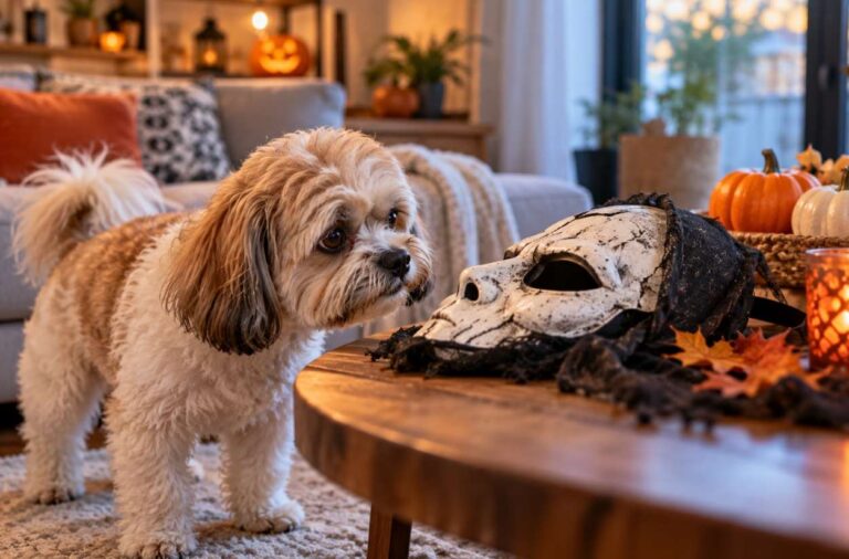 chien qui a peur des déguisements d'halloween