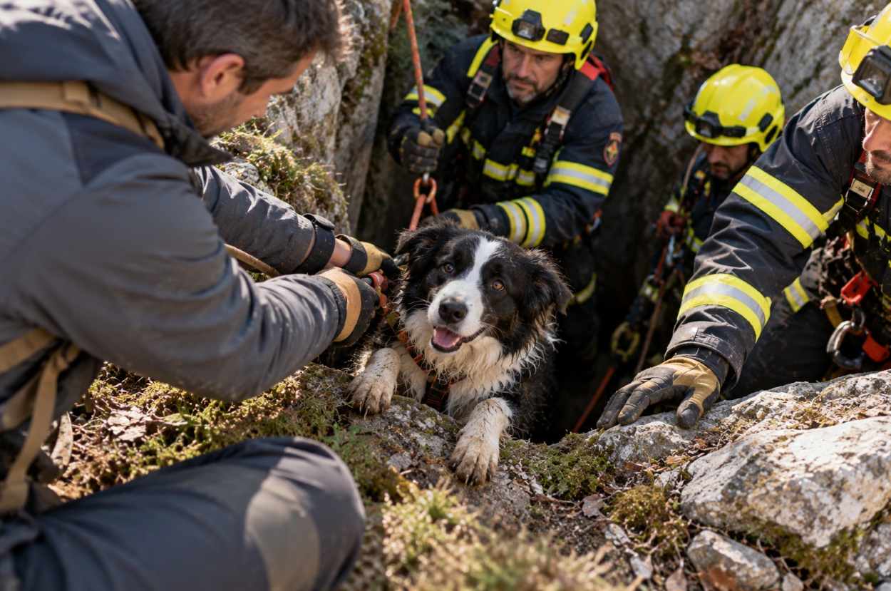chien piégé au fond d'un gouffre